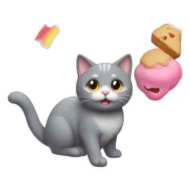 A gray cat with a happy face. Its body is a pink frosted cookie with paws sticking out. A rainbow trail follows behind, showing it's flying through space sticker