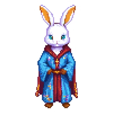 adolescent wizard bunny wearing a flowing robe, pixel art style sticker