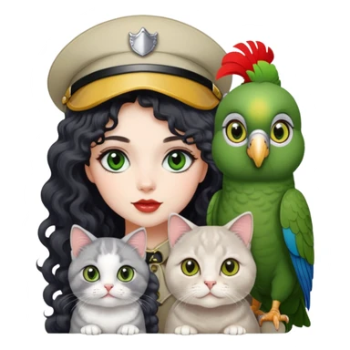 Girl with long black curly hair green hazel eyes white skin big lips big eyes with 2 cats one gray Scottish fold and one beige shiraz with big hair and one Casco parrot sticker