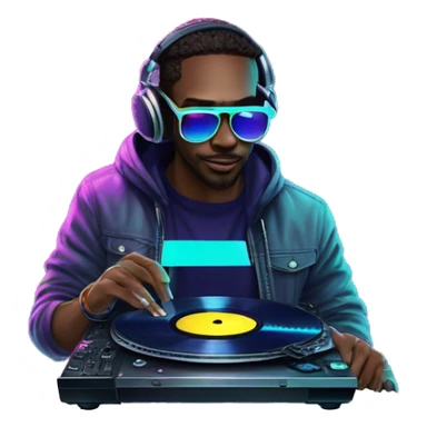 A dj wearing sunglasses playing music holding a cd record record, vinyl, oilslick holographic blacklight inverted graffiti dark dull sticker