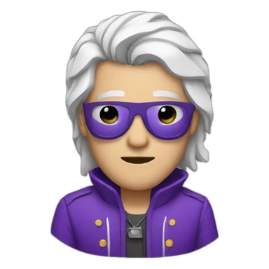a men with a band on his eyes with white hair and a purple jacket sticker