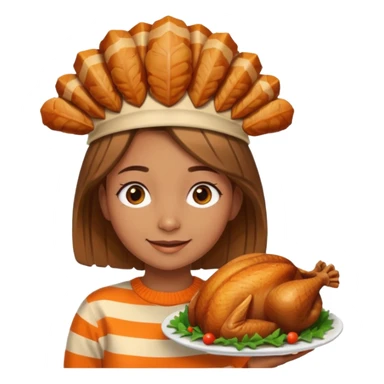 happy tan girl with an orange striped sweater and a cooked browned turkey on her head  sticker