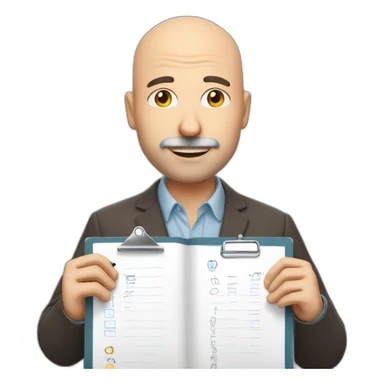 middleage bald male white with some facial hair holding checklist with a pen sticker