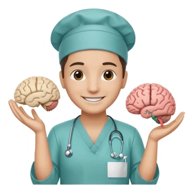neurosurgeon smiling holding a brain scan sticker