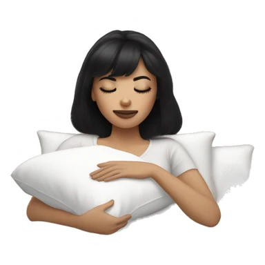 Woman pale skin black hair with bangs sleeping in bed with pillow, white woman sticker