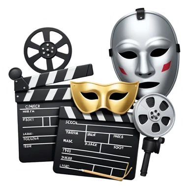Icon for Acting in Theater and Movie: a stage with a spotlight and cinema, a film camera, a clapperboard and a dramatic mask. The design should represent both theatrical performance and cinematic art. Transparent background. sticker