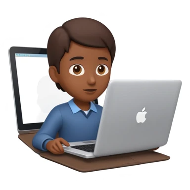 A dark-colored laptop with the screen open. From the screen, a person is emerging, standing or sitting as if giving a lecture or teaching. The person should look expressive and in a teaching pose. Soft shadows, semi-3D Apple emoji style, clean white background. sticker