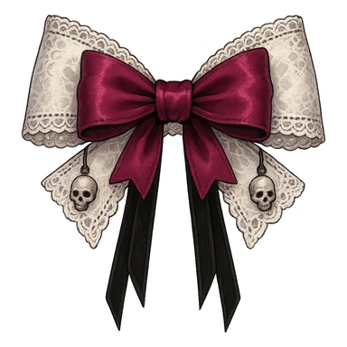 Edit the image to depict a white gothic bow with lace details, dark pink accents, and additional gothic elements such as tiny skull charms and black velvet ribbons. The style should be general to allow flexible editing. Remove the background. sticker