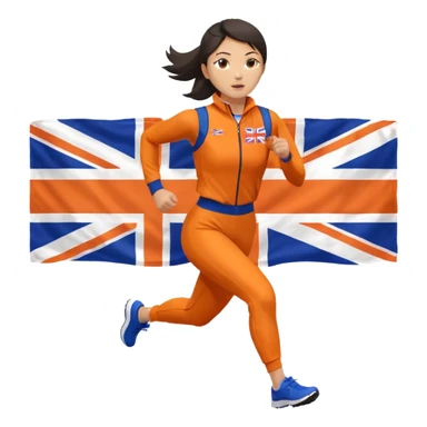 asian woman in orange sport suit and uk flag on the back holding it, running sticker