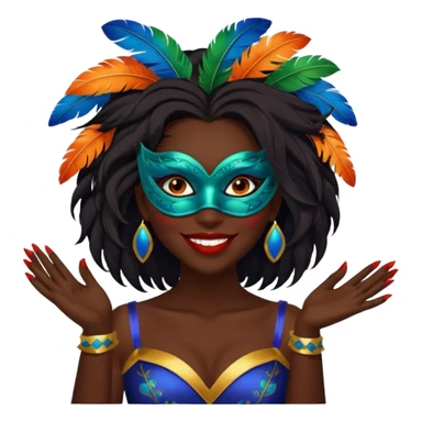 i need the same girl in "dark skin girl, dark red lipstick, nails very beautiful" to be smiling in "carnival mas costume, blue, green and orange preferably, full costume feathers at the back" she is to be smiling, hair should be dark shoulder length, black nail polish on her fingers  sticker