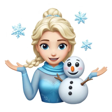 Cinematic Funny Elsa Portrait Emoji, Making a tiny snowman in her hands with a proud grin, looking smug as it dances, an unexpectedly hilarious moment of icy creativity! sticker