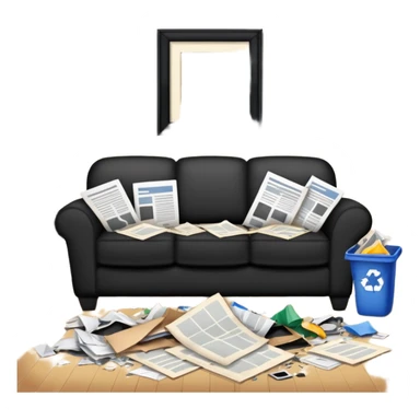 dirty living room with papers and trash sticker