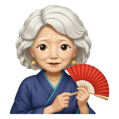 japanese culture old woman with white wavy hair and wrinkles holds a fan to cover her face sticker
