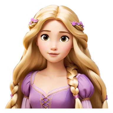 Cinematic Realistic Rapunzel Portrait, with porcelain-like skin featuring a subtle, natural glow, illuminated by soft lighting that brings out the gentle contours of her face. Her long, golden blonde hair cascades in detailed waves, each strand highlighted with a radiant shimmer as it catches the light. She playfully holds a flower in one hand, her other hand resting casually in her lap, with a warm and spirited expression. Her bright, expressive green eyes exude curiosity and warmth, framed by delicate lashes and soft, arched brows. She is dressed in her classic lavender and pink gown, the fabric textured with delicate folds that flow naturally, catching the light with a soft, radiant glow. The portrait captures a luminous, enchanting aura, seamlessly blending realism with a whimsical, fairytale charm, evoking a timeless sense of beauty and magic. sticker