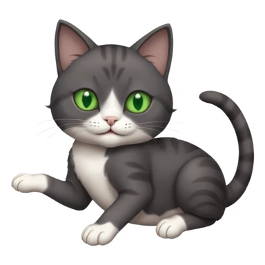 dark grey cat with green eyes, white toes/paws and white patch on her chest playfully rolling upside down sticker
