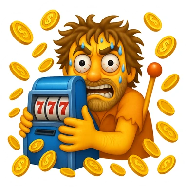 Make the disheveled man look even more desperate with wild eyes, frantic expression, sweating, clutching the slot machine, coins flying everywhere. Style: apple emoji style. sticker
