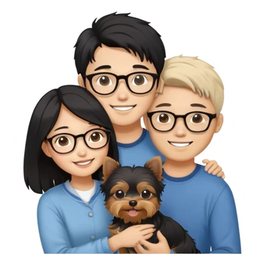 “An Asian girl with long, wavy black hair (loose, no hair tie) next to her smiling boyfriend—a light brown-skinned man with a Korean-style haircut and glasses. Together, they’re holding a small Yorkshire Terrier sticker