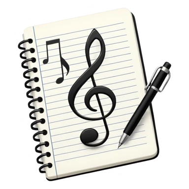 Minimalistic flat vector icon, iOS style, thin black contour on white background. Small notebook with a musical note on the cover, a pen placed next to it. Clean, modern, no text, no shadows. sticker