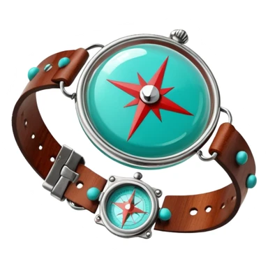 Round glass dome with turquoise-green liquid inside, red compass needle floating in center, brown wooden wrist band with metal clasps, anime cartoon style with clean line art sticker