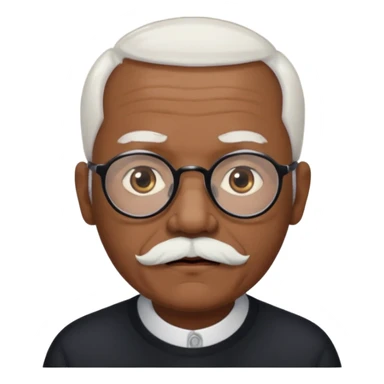 an elderly man with medium-dark skin tone, bald on top with short white hair at the sides, thick white eyebrows, large brown eyes, and wears black-framed glasses.
A small white beard sits above his mouth sticker
