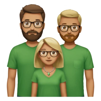 A family consisting of a man who's bearded, tanned, wearing glasses, a woman, slightly tanned, and a 14 year old teenage boy, slightly tanned, wearing a green t-shirt sticker