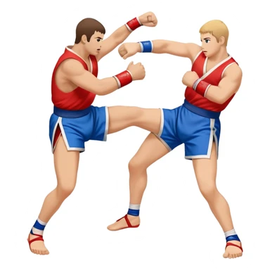 An icon symbolizing Sambo, featuring two fighters in blue and red kimonos with shorts and wrestling shoes. One executes a powerful throw, while the other attempts a defensive grab. The fighters are engaged in a grapple, using joint locks and sweeps.  sticker