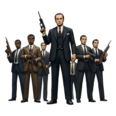 Vintage noir poster with Don Corleone surrounded by gangsters holding Thompson submachine guns. Dark and moody atmosphere with shadows, suits, and a mysterious vibe. Background features New York skyscrapers, adding to the gritty, classic gangster film feel. Transparent background. sticker