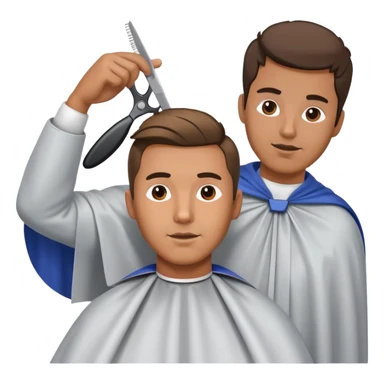 a man with a large face, wearing a barber cape, having his hair cut with scissors above his head sticker