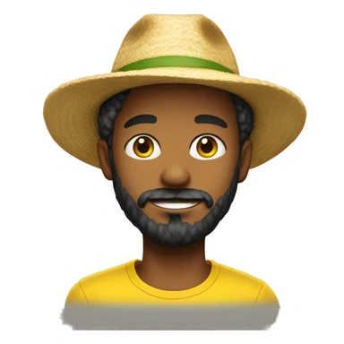 young man with a beard wearing a straw hat and a yellow t-shirt sticker