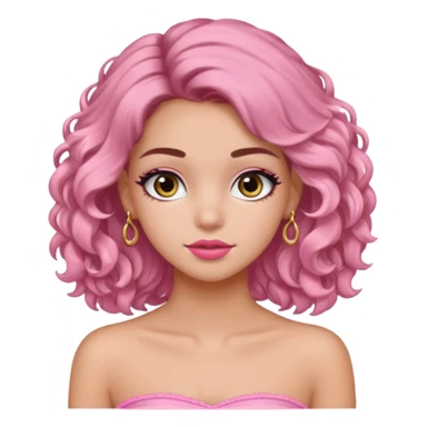crée moi une jeune fille très belle avec les cheveux bouclés long brune avec un top  sans manche ni brettelles juste un 'bandeau' de couleur rose clair avec un peu de maquillage et des beaux et long  cils un collier en or sticker