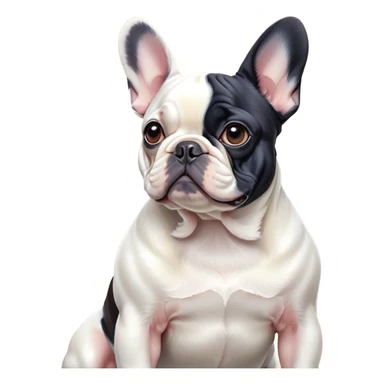 Cinematic Noble Pied French Bulldog Portrait Emoji, Radiating regal yet playful charm, with a distinctive pied fur of contrasting hues and a sculpted, expressive face featuring gentle, wise eyes and a confident stance, simplified yet artistically detailed, glowing with a soft, sophisticated radiance, high shine, exuding intelligent nobility and refined flair, soft glowing outline, capturing the essence of a noble Pied French Bulldog that embodies both strength and grace! sticker