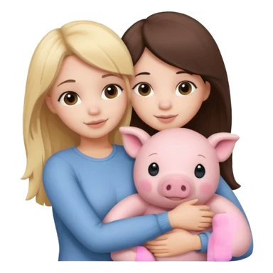 Girlfriends, blonde and brunette, hugging each other with a teddy bear and a little pig sticker