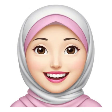 an Asian white woman hijab, her hijab color are white, her face is oval, her lips are pink, her eyes are shining, her face looks happy showing her teeth, her eyes are also smiling sticker