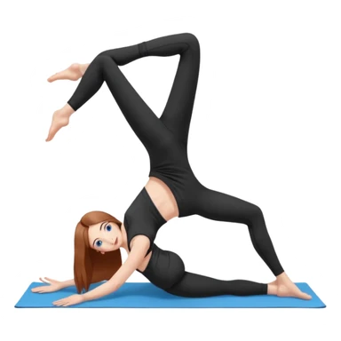 A girl with fair skin and a natural blush. Eyes are large, expressive, blue. Hair is long, straight, chestnut-colored. The smile is soft, friendly, practicing yoga in the adho mukha svanasana pose in a black top and leggings sticker