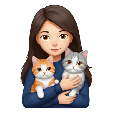 a girl with long dark brown hair, in a navy sweater, hugs a persian peaknose grey cat and persian peaknose orange and white kitten and a persion peaknose brown tabby and white cat sticker