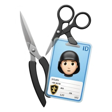 Floating black Scissors cutting in half an idf soldier ID card with a little chip in 2 parts .hyper realistic sticker