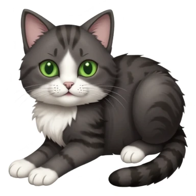 dark grey cat with green eyes, white toes/paws and white patch on her chest playfully rolling upside down sticker
