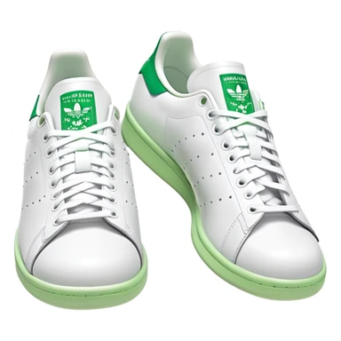 Two Adidas Stan Smith shoes arranged as a pair with one slightly behind the other, white with green heel details, clean classic design sticker