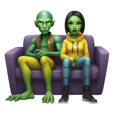 alien reptilian woman and humman man, sitting on a couch  sticker
