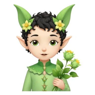 Tiny elf baby black curly hair with pointy ears and hat, pastel green outfit, hold flowers sticker