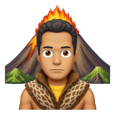 a simpson guy wearing ancient animal skin cloth with volcano behind, half body, icon sticker
