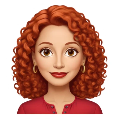 Puerto Rican actress in her 50s with elongated face, soft features, highlighted cheekbones, friendly warm smile, medium almond-shaped brown eyes, defined medium eyebrows, straight fine nose, medium lips with accessible smile, vibrant red curly hair with artistic styling, wearing a solid red blouse sticker