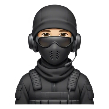 Futuristic special forces soldier wearing a pure white full-face balaclava (not black, not dark), black wraparound sunglasses (only one pair of glasses), and a high-tech military headset with a microphone. The character is dressed in a black hoodie (not a tactical vest or armor). sticker