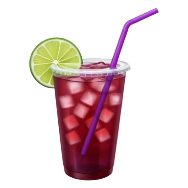 maroon purple cocktail with a lime wedge in the drink in a plastic cup with lid and straw

 sticker