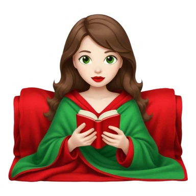 Long wavy brown haired, white skinned, green eyed girl with red lipstick wrapped in a blanket, sipping tea and reading a book sticker