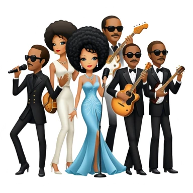 Icon for R&B Music: collage of legendary R&B artists—Diana Ross, Stevie Wonder, Marvin Gaye, Janet Jackson, Billy Ocean, and Whitney Houston. Represented by silhouettes or symbolic items like a microphone, guitar, or music notes. Transparent background. sticker