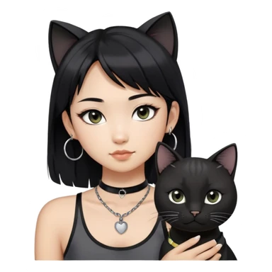 Asian girl, black hair with grey highlights , slightly longer than shoulder.  Holding two BLACK cats. one cat has a round fat face, the other one has a slightly slimmer face. Both pure black.  The girl also wearing a black singlet, a black chocker, silver round hook earring, and wearing eyeliner.  sticker