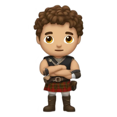 monty wearing a kilt flex bicep brown hair surrounded by fire sticker