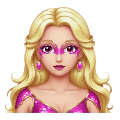 Venus, Love Goddess with metallic pink skin, long blonde hair, dark pink sequin outfit sticker