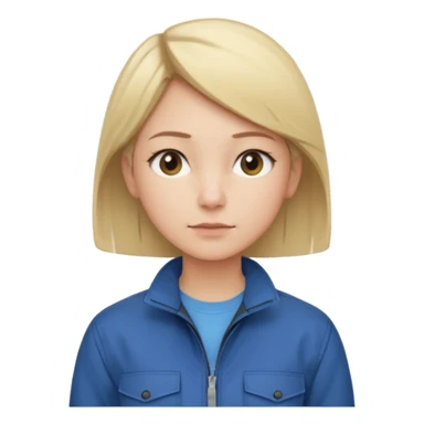 Calm and independent female engineer, fair skin, short straight blonde hair tucked behind the ears, neutral but focused expression, wearing a fitted blue utility jacket over a black crew-neck top, waist-up, front-facing sticker